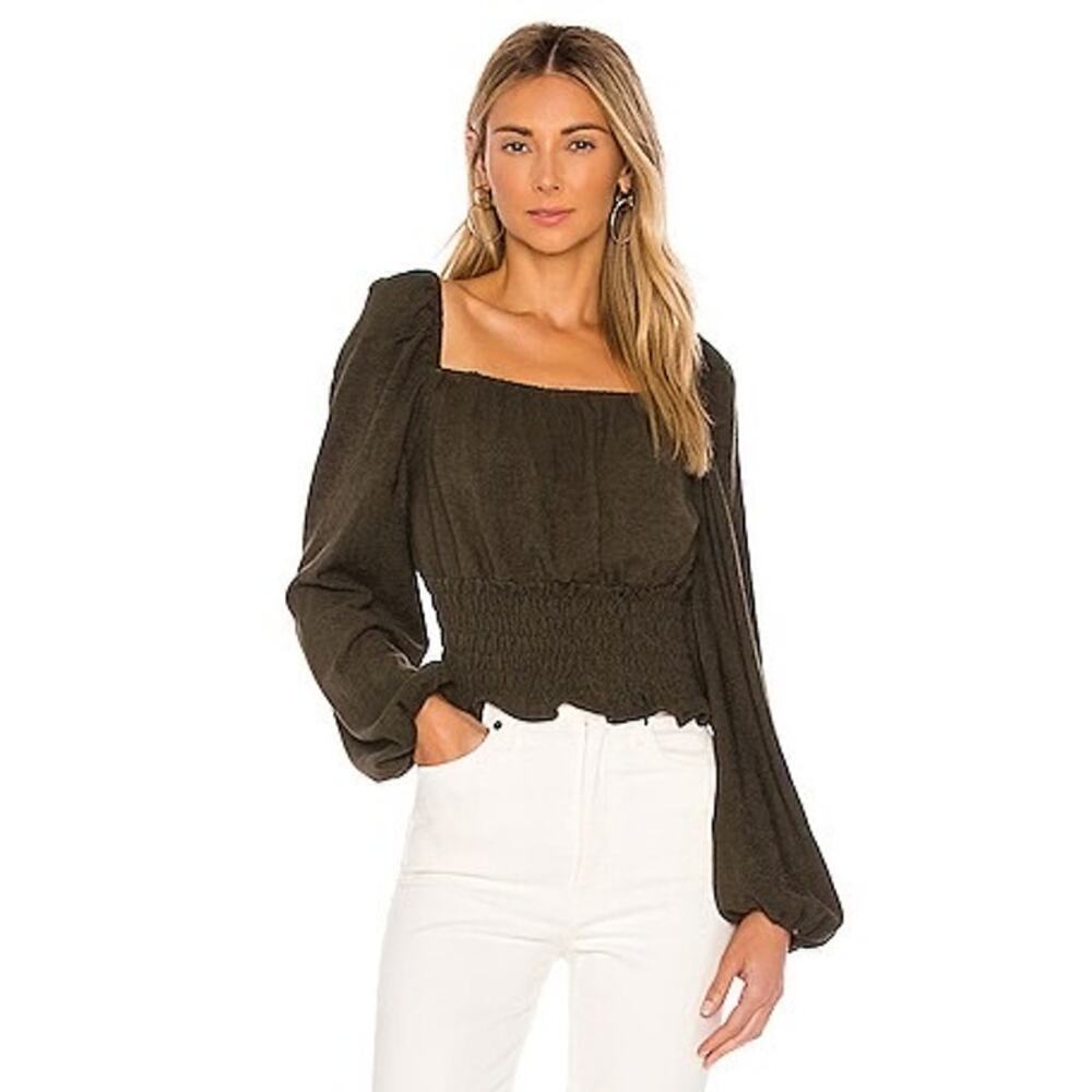 Line & Dot x Revolve Carmen Sinched Waist Blouse/Top Dark Green Size Small